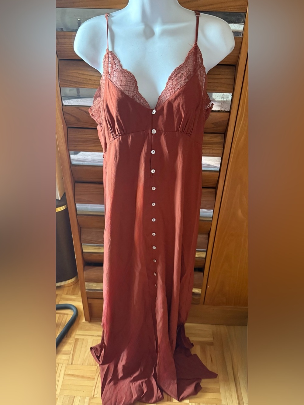 lovestitch Rust Lace-Trim Button-Front Maxi Slip Dress